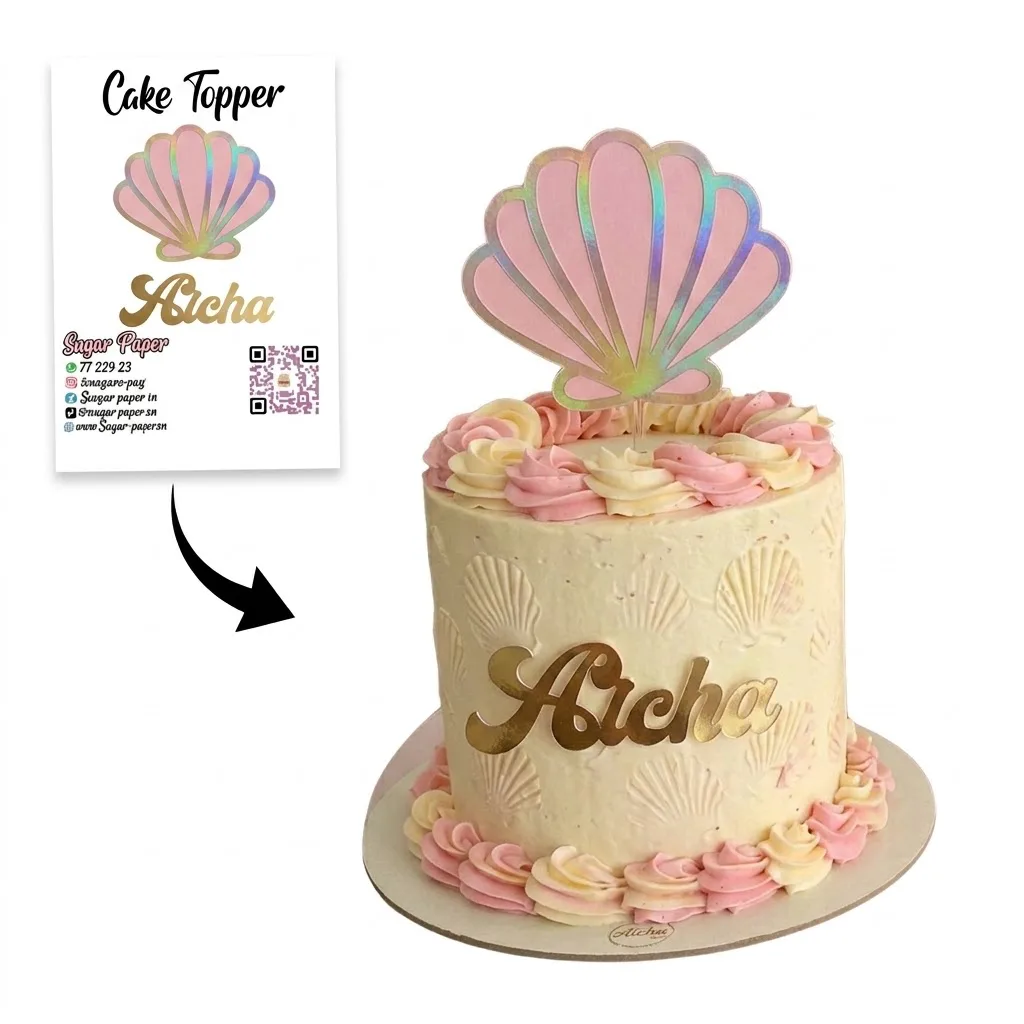 Cake Topper Coquillage Pastel & Nacré – Kit Décoration Gâteau Sirène avec Prénom Doré