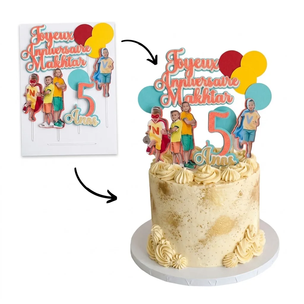 Cake Topper Anniversaire Enfants Personnalisé – Photos Silhouettes, Ballons Colorés & Âge
