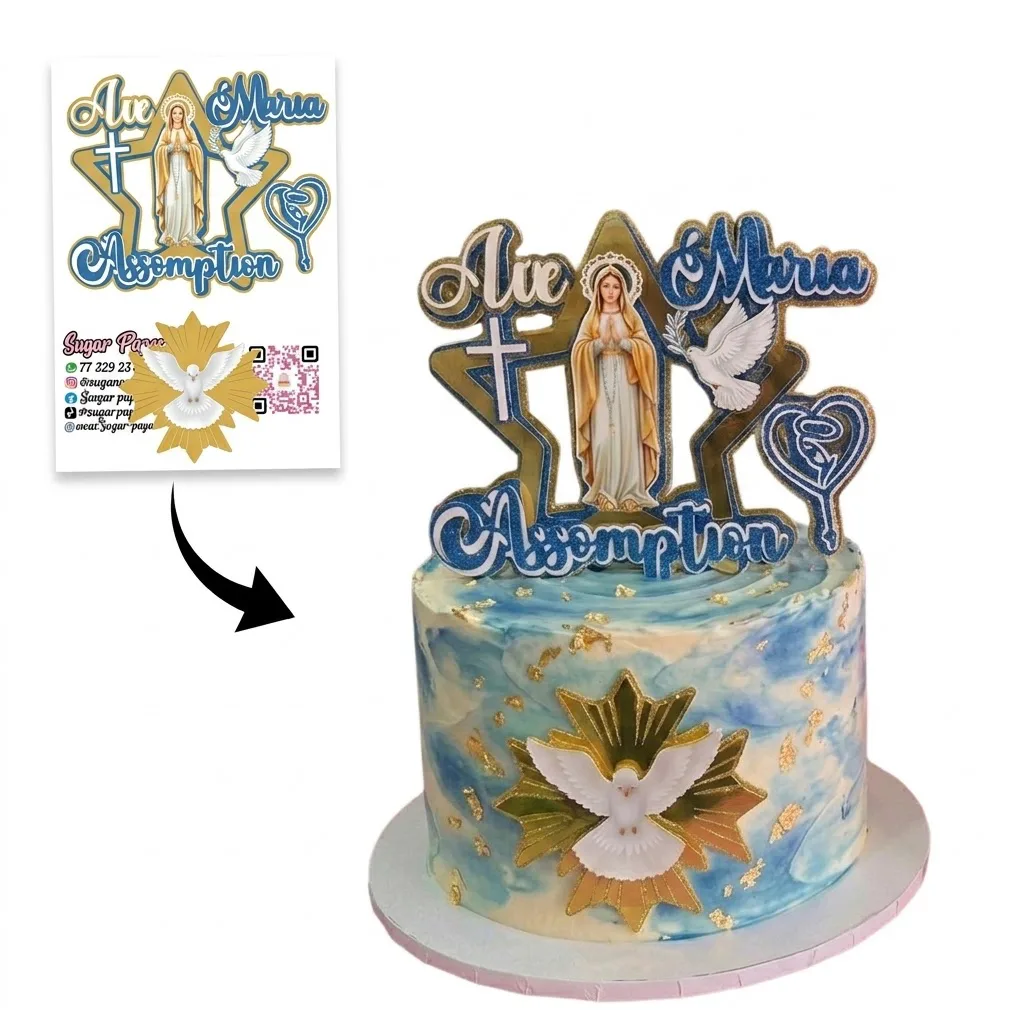 Kit Cake Topper Religieux Assomption – Thème Vierge Marie & Colombe Dorée