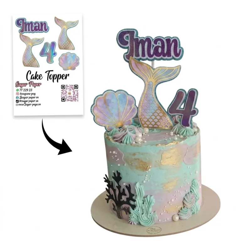 Kit Cake Topper Sirène Personnalisé – Queue Pastel, Coquillage, Prénom & Âge Pailletés