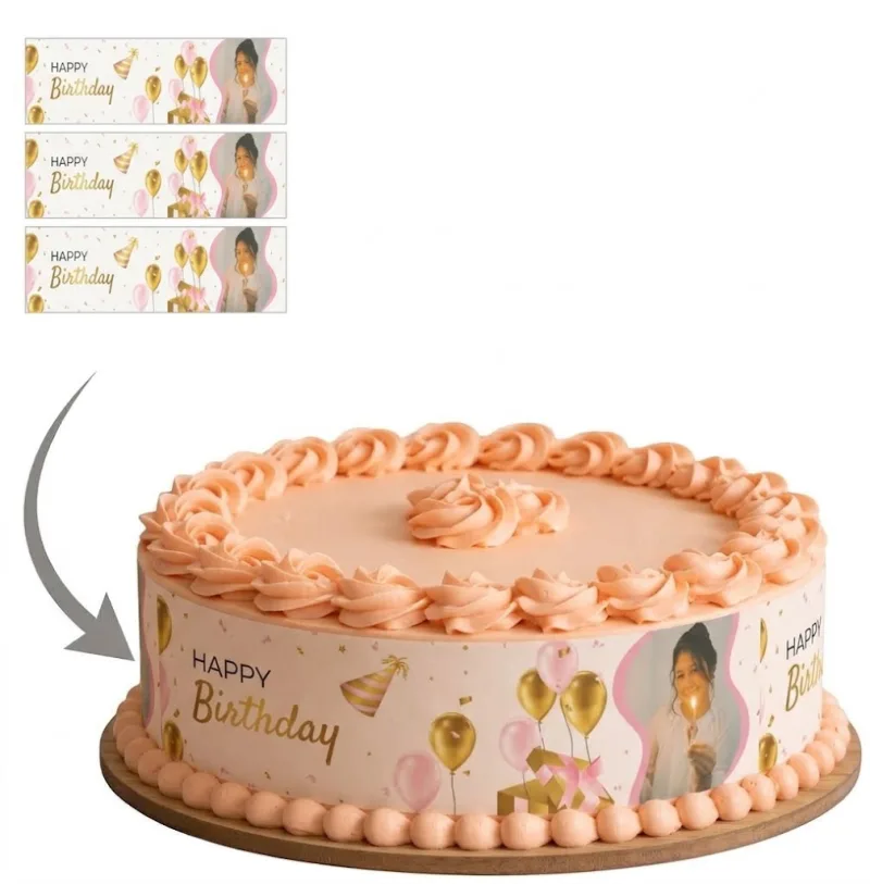 Impression Photo Comestible Personnalisée – Bandes de Contour pour Gâteau Thème Happy Birthday & Ballons Dorés