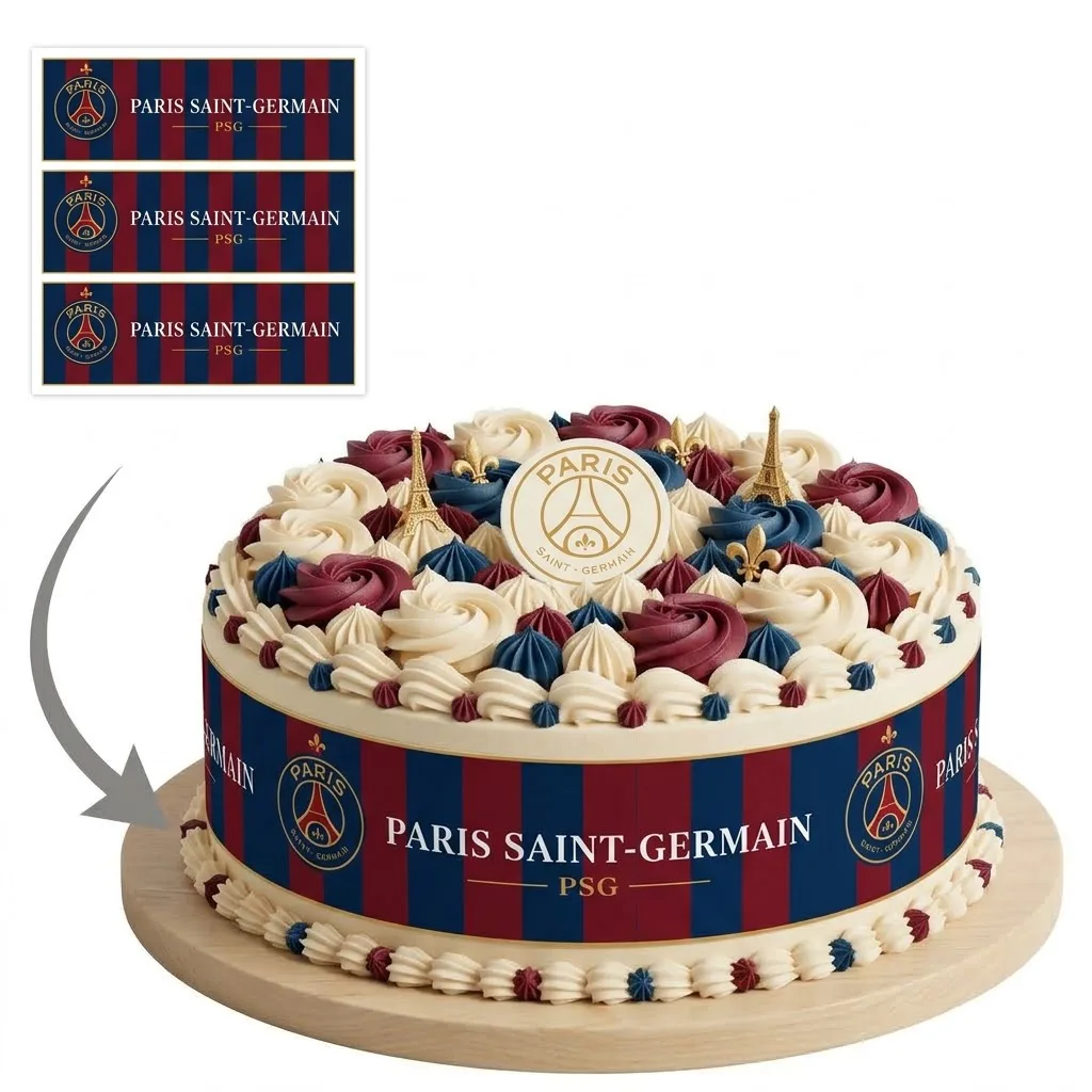 Impression Photo Comestible Personnalisée – Bandes de Contour pour Gâteau Thème Football Paris Saint-Germain PSG en Papier Sucre
