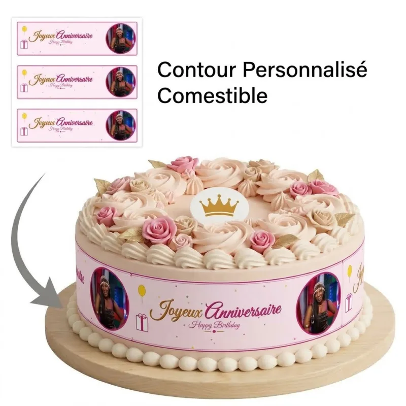 Impression Photo Comestible Personnalisée – Bandes de Contour pour Gâteau Thème Joyeux Anniversaire Rose Poudré & Photo en Papier Sucre