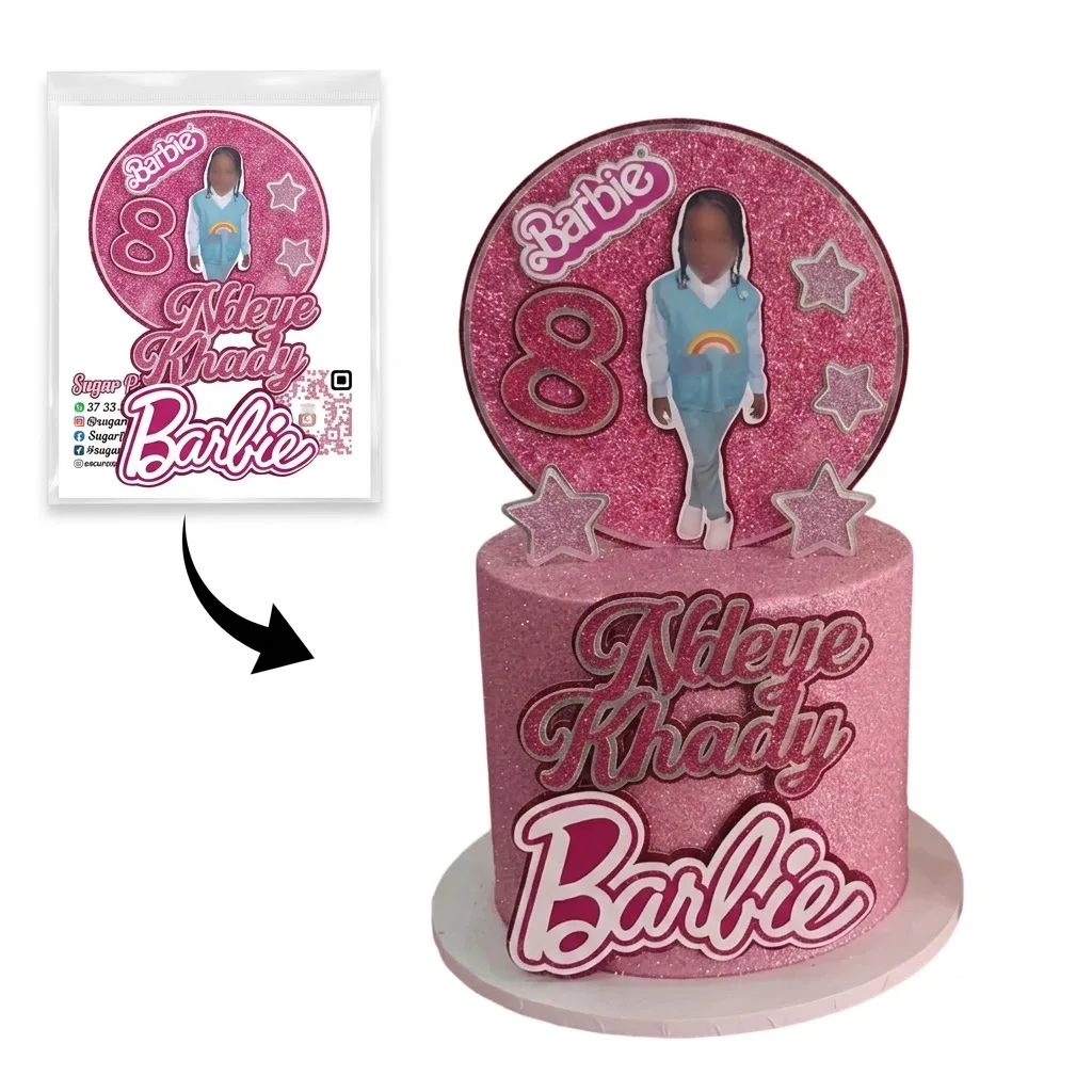 Kit Cake Topper Barbie Pailleté Personnalisé – Photo, Âge & Prénom en Façade