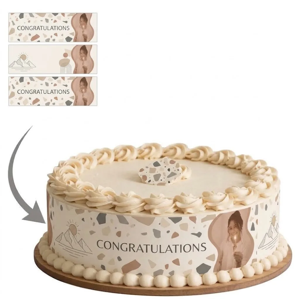 Impression Photo Comestible Personnalisée – Bandes de Contour pour Gâteau Thème Congratulations & Terrazzo Bohème en Papier Sucre