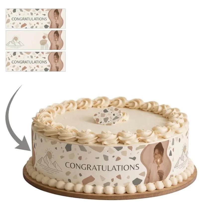 Impression Photo Comestible Personnalisée – Bandes de Contour pour Gâteau Thème Congratulations & Terrazzo Bohème en Papier Sucre