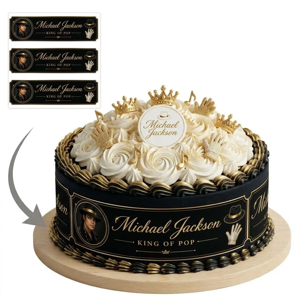Impression Photo Comestible Personnalisée – Bandes de Contour pour Gâteau Thème Michael Jackson King of Pop en Papier Sucre