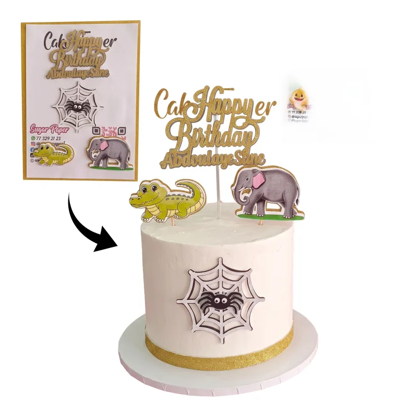 Cake Topper Anniversaire Personnalisé Doré – Thème Animaux & Toile d’Araignée