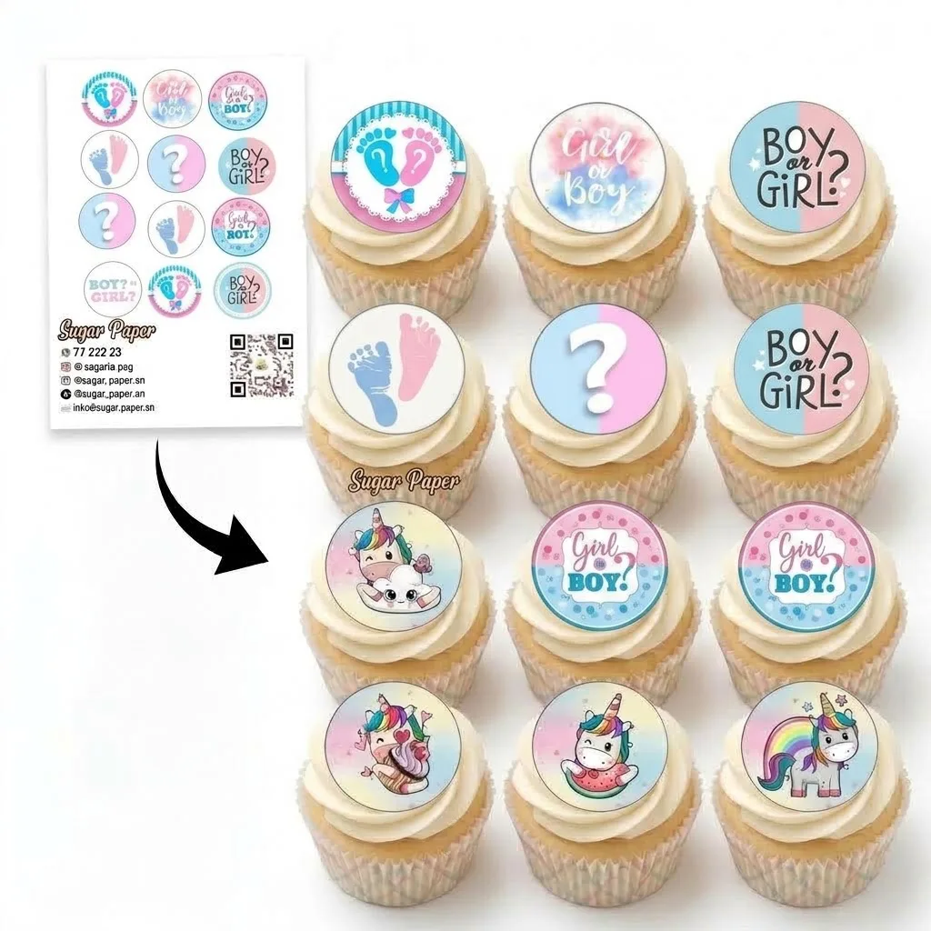 12 disques photo impression comestible Gender Reveal pour cupcakes & biscuits