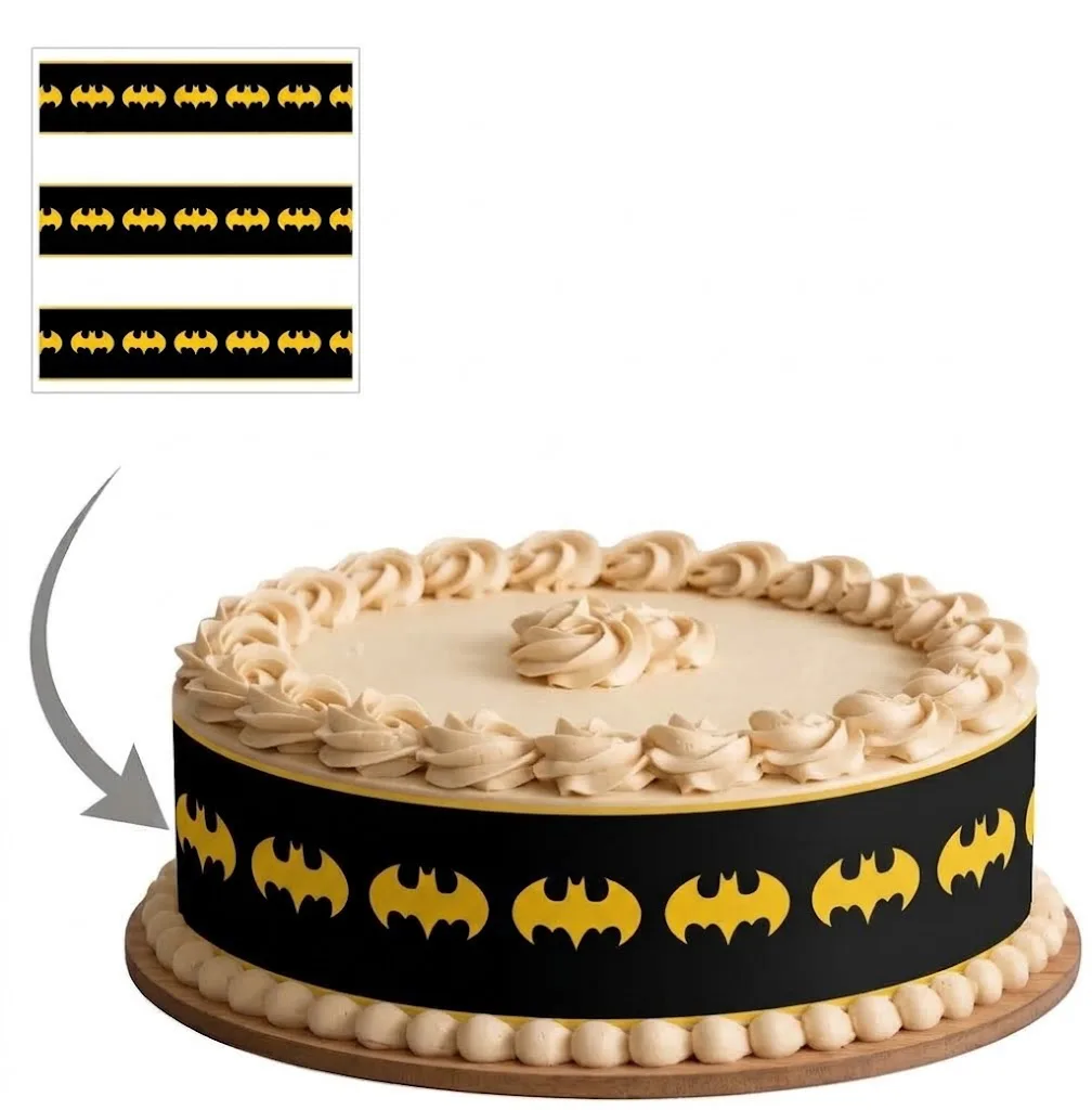 Impression Photo Comestible Personnalisée – Bandes de Contour pour Gâteau Thème Chauve-souris Super-héros en Papier Sucre