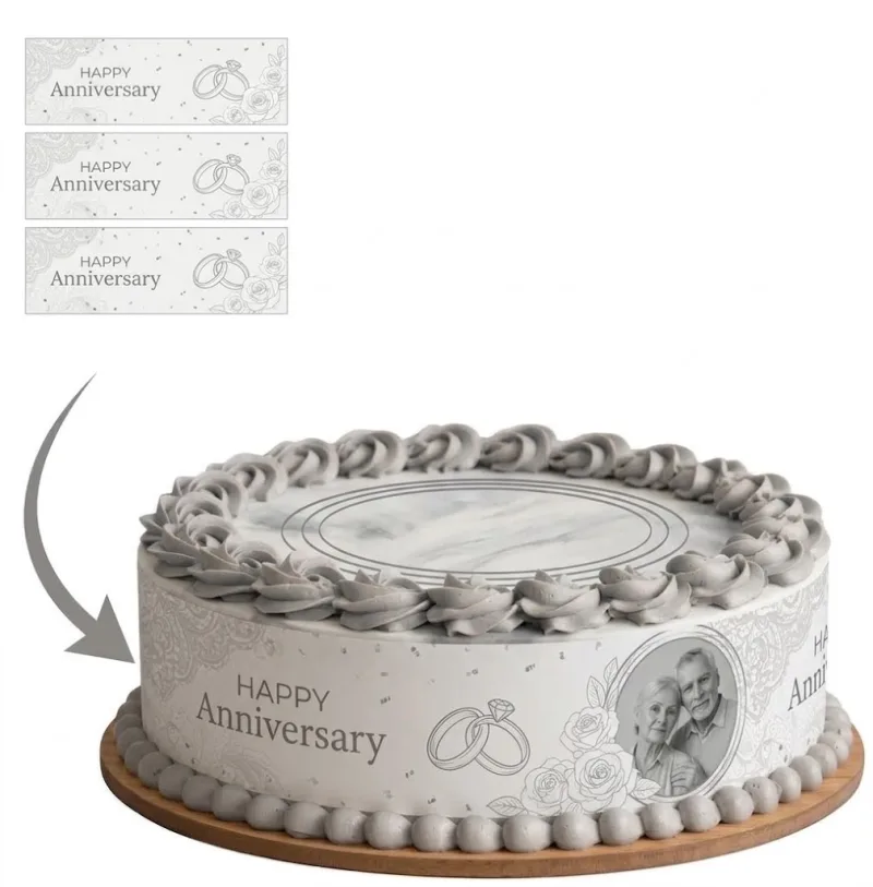 Impression Photo Comestible Personnalisée – Bandes de Contour pour Gâteau Thème Happy Anniversary / Mariage en Papier Sucre