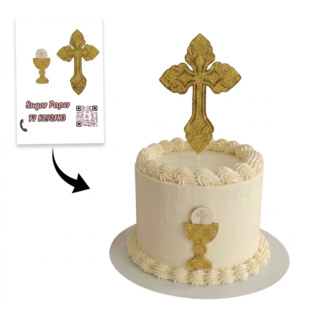 Cake Topper Croix Dorée & Calice – Kit Décoration Gâteau Communion & Baptême