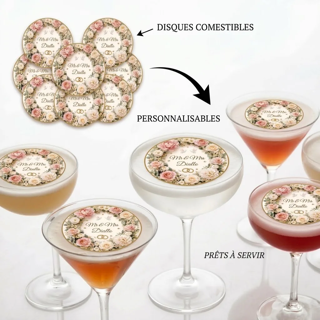 Lot de 6 Disques Comestibles sur Papier Sucre (8 cm max) – Thème Mariage Couronne Florale pour Cocktails et Boissons