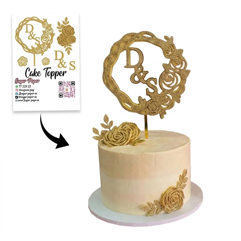it Cake Topper Mariage Couronne Florale – Initiales Personnalisées Doré Scintillant