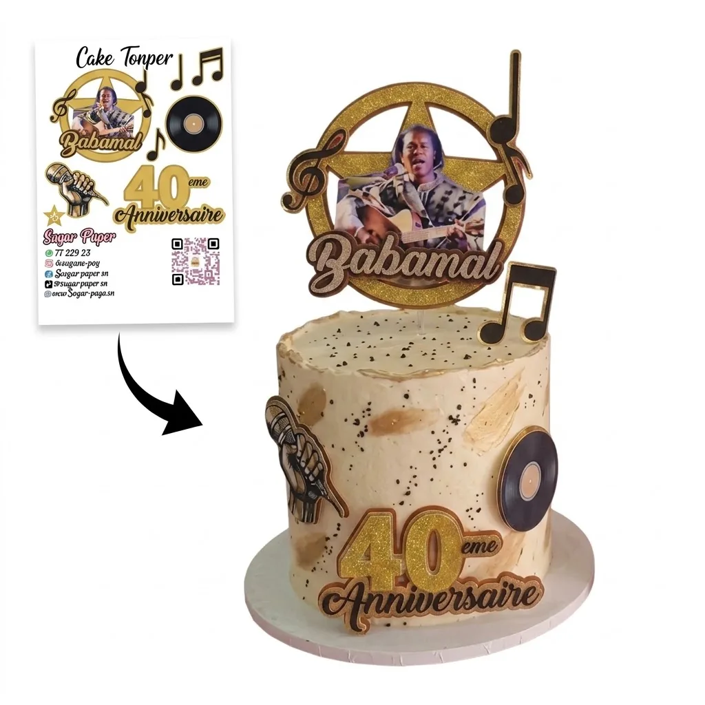 Kit Cake Topper Musique & Anniversaire Personnalisé – Photo, Étoile Pailletée Or & Vinyle