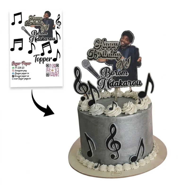 Cake Topper Musique & Anniversaire Personnalisé – Photo, Microphone & Notes Musicales