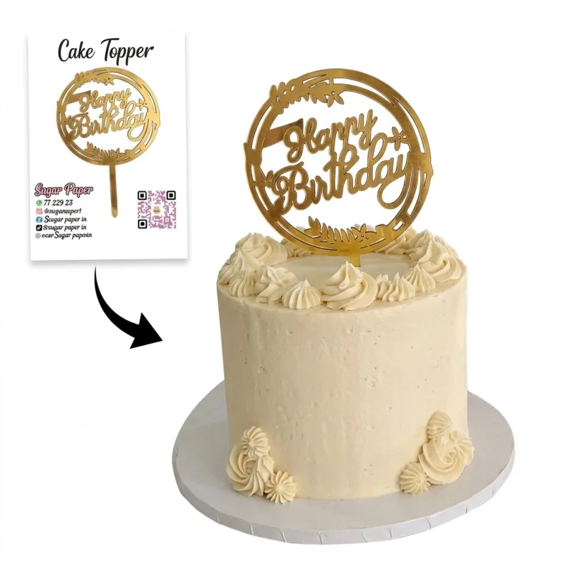 Cake Topper Happy Birthday Cercle Doré – Couronne Florale & Finition Miroir