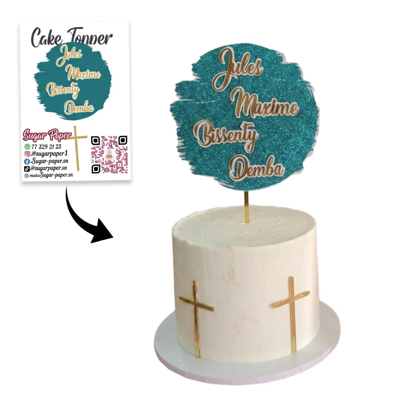 Kit Cake Topper Baptême / Communion Personnalisé – Fond Pailleté Vert Émeraude