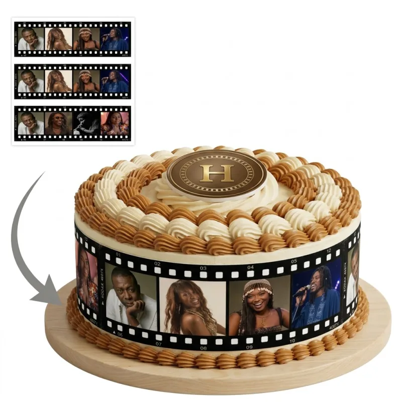 Impression Photo Comestible Personnalisée – Bandes de Contour pour Gâteau Thème Pellicule Photo Vintage & Portraits en Papier Sucre