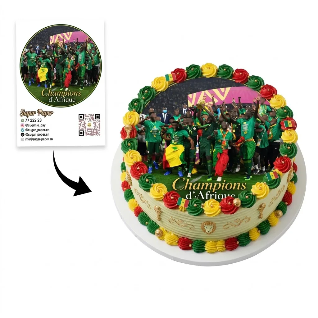Impression Photo Comestible Personnalisée – Thème Champions d'Afrique & Football sur Feuille de Sucre