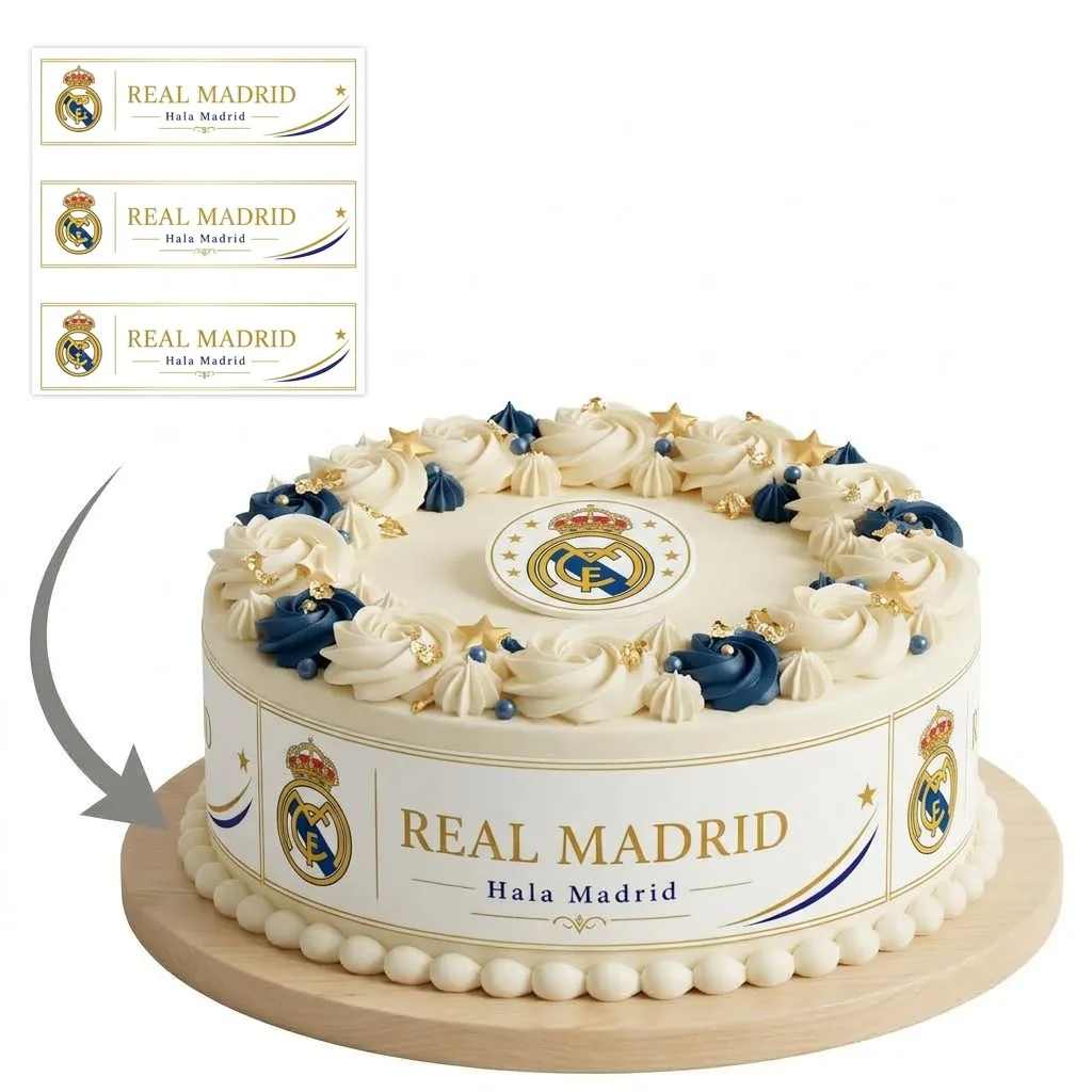 Impression Photo Comestible Personnalisée – Bandes de Contour pour Gâteau Thème Football Real Madrid Hala Madrid en Papier Sucre