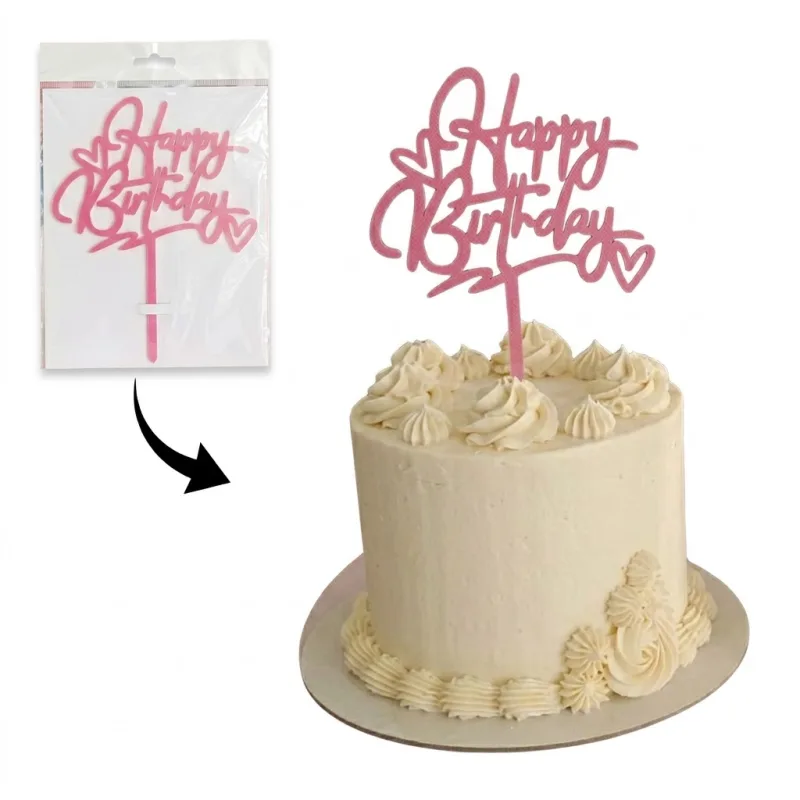 Cake Topper Happy Birthday Rose Pastel – Calligraphie Élégante avec Cœurs