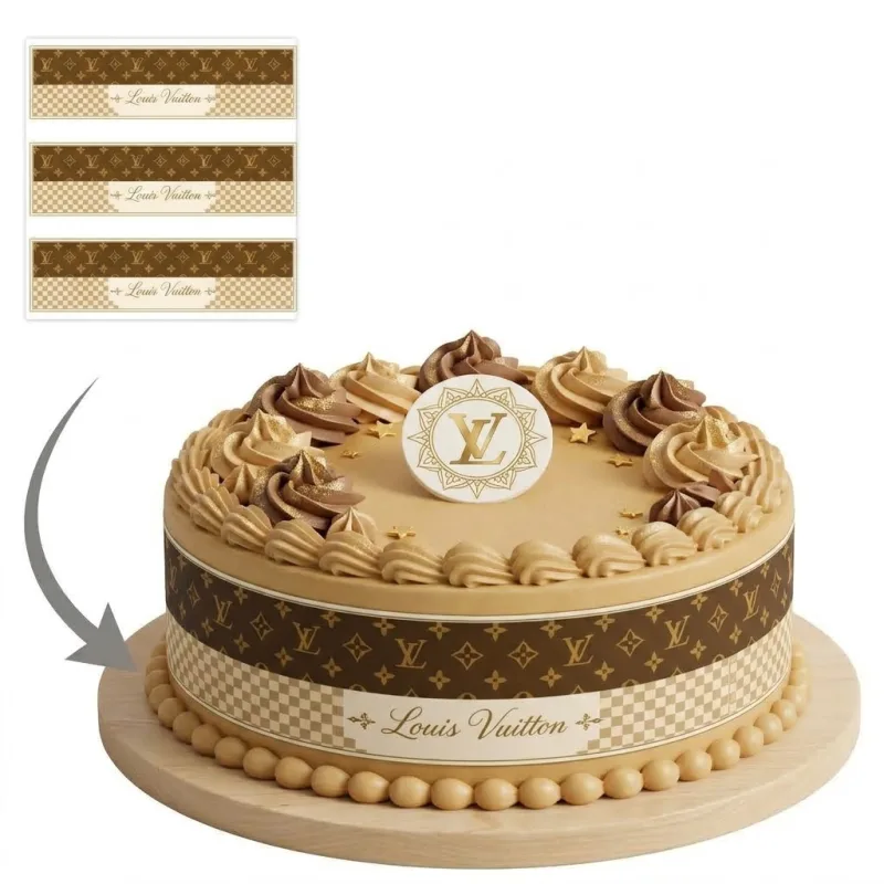 Impression Photo Comestible Personnalisée – Bandes de Contour pour Gâteau Thème Luxe & Maroquinerie Monogramme Marron en Papier Sucre