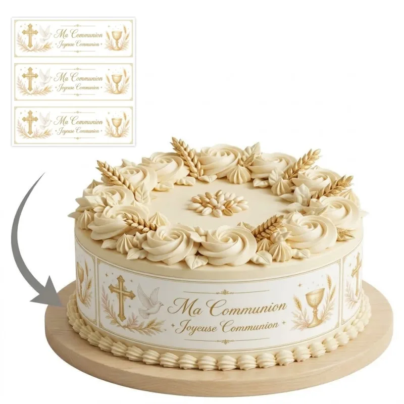 Impression Photo Comestible Personnalisée – Bandes de Contour pour Gâteau Thème Première Communion & Symboles Sacrés en Papier Sucre