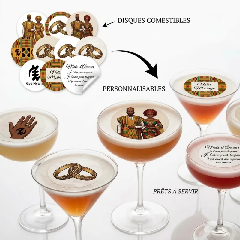 Lot de 12 Disques Comestibles sur Papier Sucre – Thème Mariage Traditionnel Africain pour Cocktails et Boissons