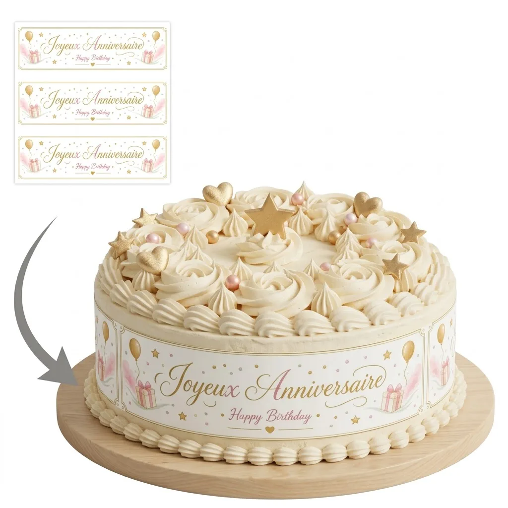 Impression Photo Comestible Personnalisée – Bandes de Contour pour Gâteau Thème Joyeux Anniversaire Ballons & Cadeaux Dorés en Papier Sucre