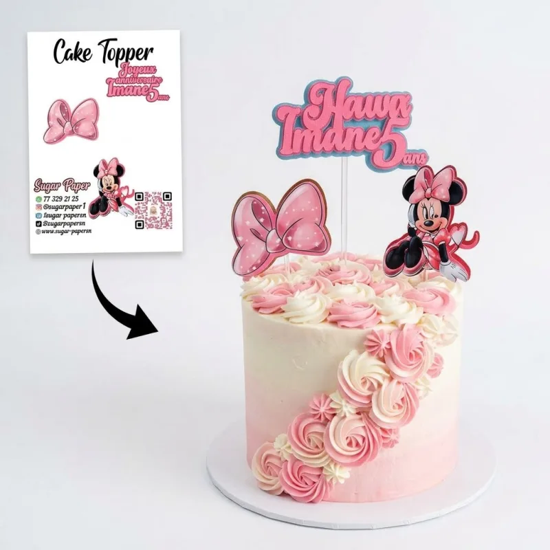 Cake Topper Minnie Mouse Personnalisé – Prénom, Âge & Nœud Rose Pailleté