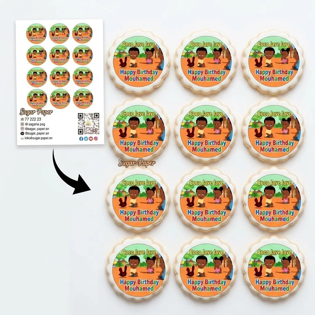 12 disques photo impression comestible pour biscuits – Thème Anniversaire 'Coco laye laye'