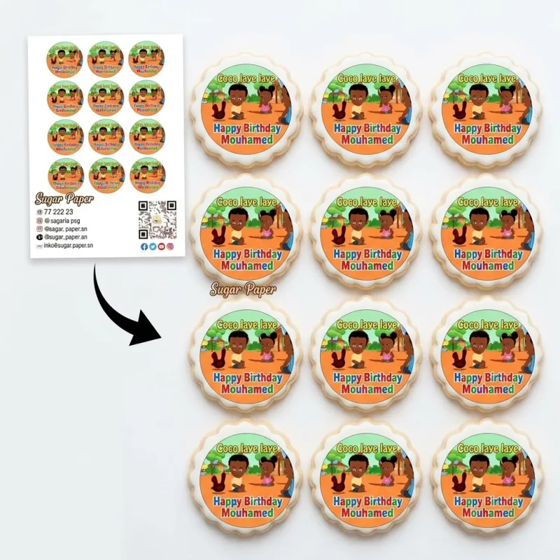 12 disques photo impression comestible pour biscuits – Thème Anniversaire 'Coco laye laye'