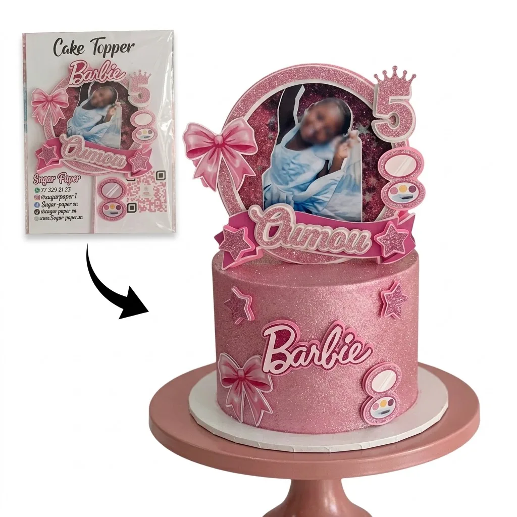 Kit Cake Topper Barbie Princesse Rose Pailleté – Photo Personnalisée, Couronne & Nœud Papillon