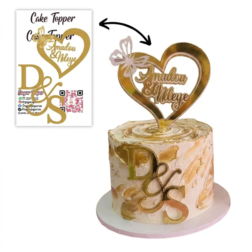 Kit Cake Topper Mariage / Fiançailles Personnalisé – Cœur Doré Miroir, Prénoms & Initiales