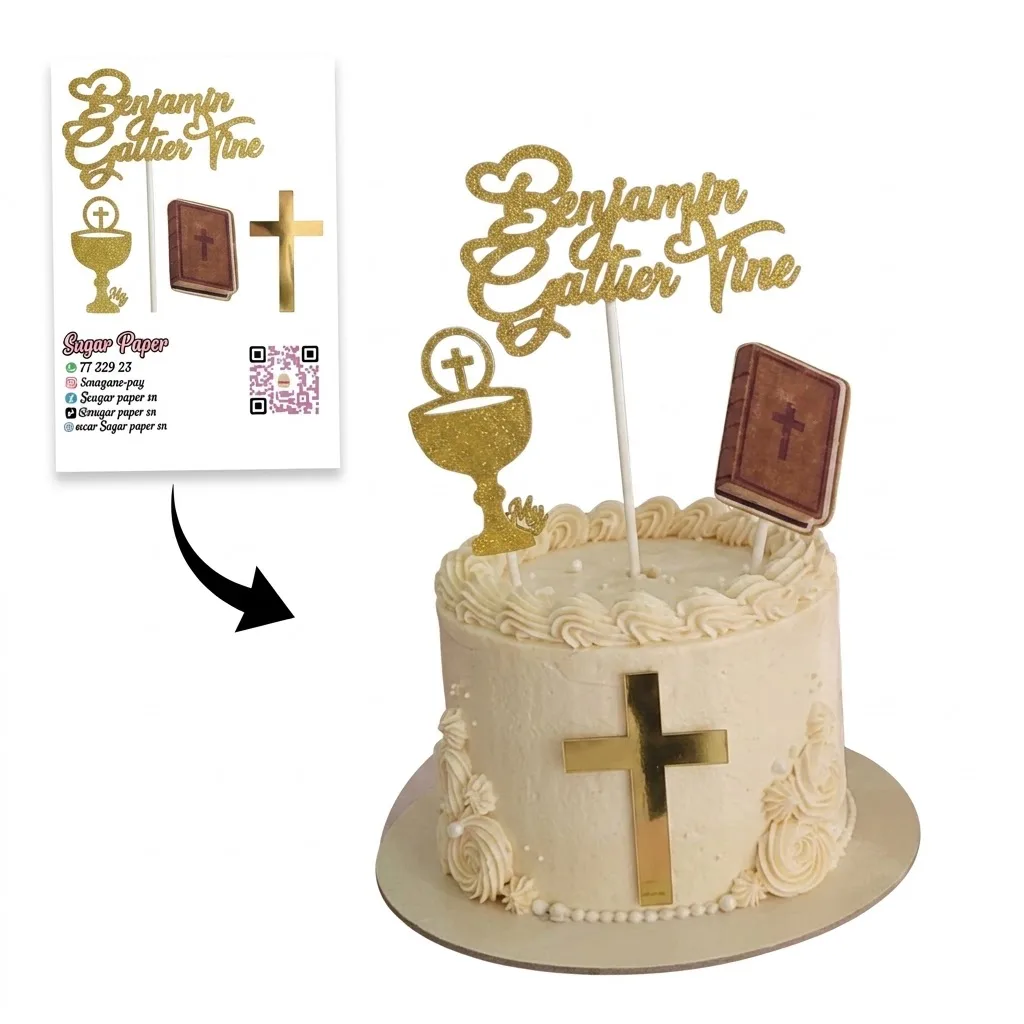 Cake Topper Communion Personnalisé – Prénom Pailleté & Symboles Sacrés Dorés