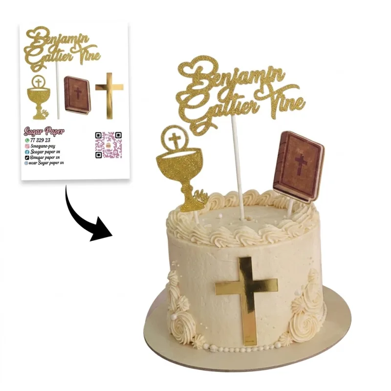 Cake Topper Communion Personnalisé – Prénom Pailleté & Symboles Sacrés Dorés