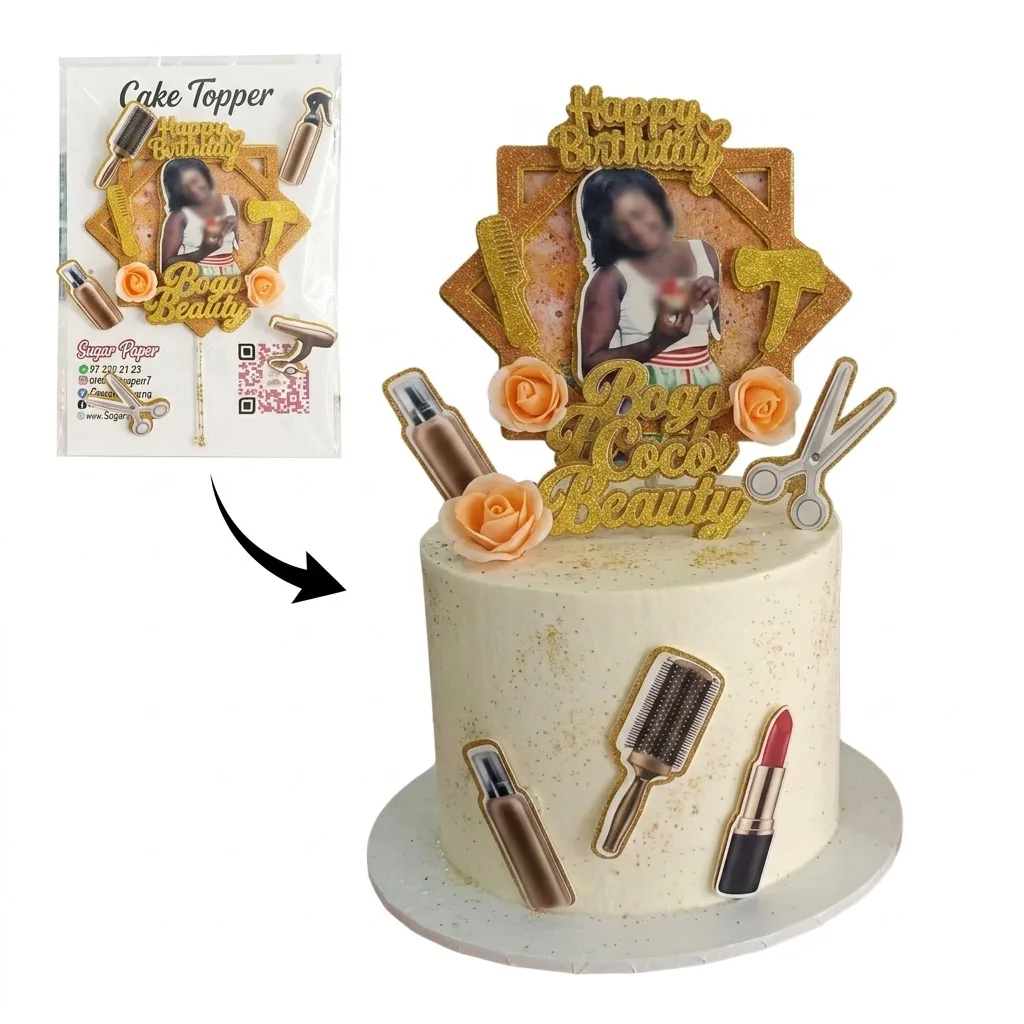Kit Cake Topper Coiffure & Beauté Personnalisé – Photo, Cadre Doré Pailleté & Accessoires Maquillage