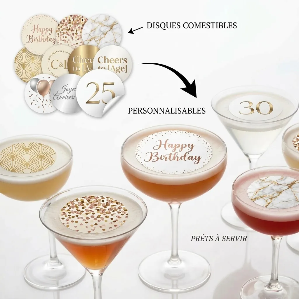 Lot de 12 Disques Comestibles Forme Cœur sur Papier Sucre – Thème Mariage Romantique & Floral pour Cocktails et Boissons