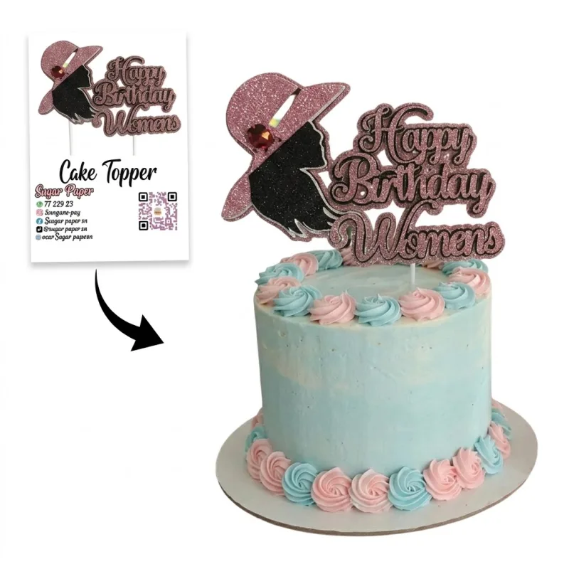 Cake Topper Femme Élégante & Chapeau Pailleté – Inscription Happy Birthday Rose Gold