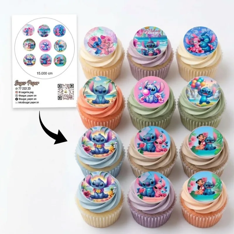 12 disques photo impression comestible Stitch & Angel pour cupcakes & biscuits
