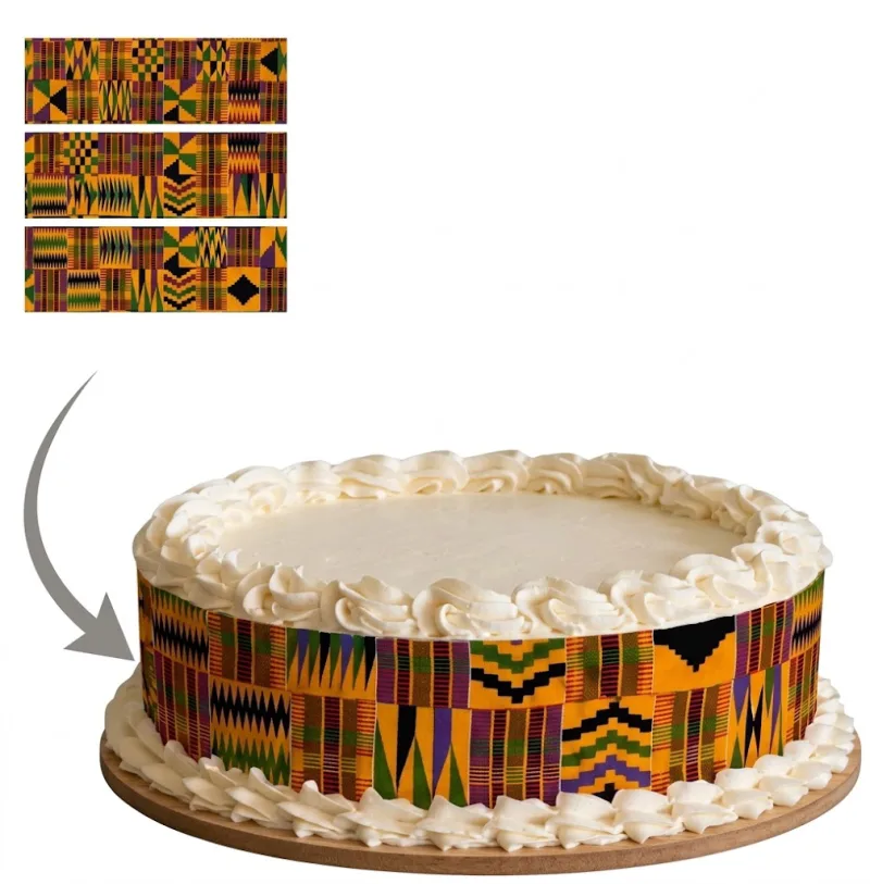 Impression Photo Comestible Personnalisée – Bandes de Contour pour Gâteau Motif Pagne Kente / Wax