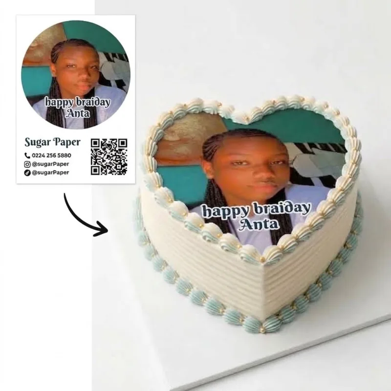 Impression Photo Comestible Personnalisée – Format Cœur pour Gâteau d'Anniversaire sur Feuille de Sucre