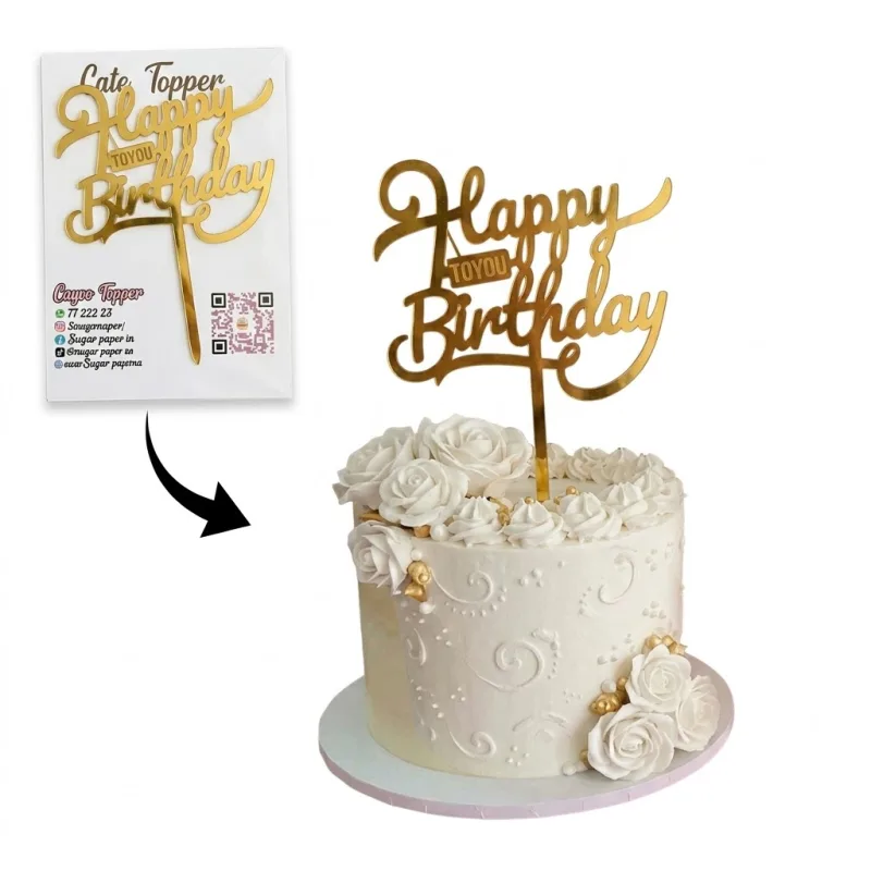 Cake Topper Happy Birthday To You Doré Miroir – Calligraphie Élégante sur Tige