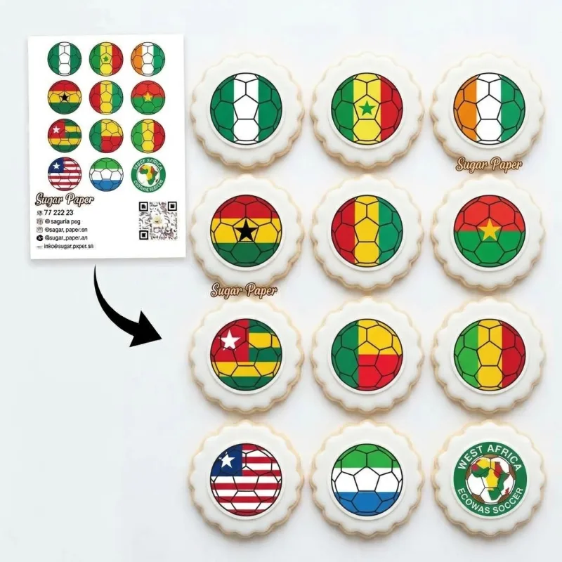 12 disques photo impression comestible pour biscuits – Ballons de Football & Drapeaux d'Afrique de l'Ouest (ECOWAS)