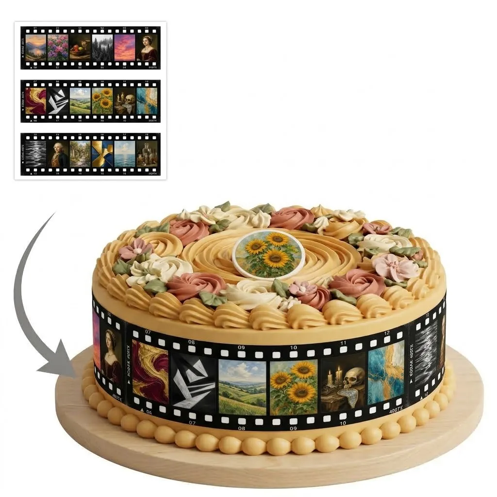 Impression Photo Comestible Personnalisée – Bandes de Contour pour Gâteau Thème Pellicule Photo & Cinéma Rétro en Papier Sucre