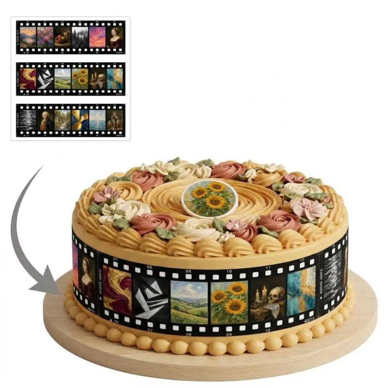 Impression Photo Comestible Personnalisée – Bandes de Contour pour Gâteau Thème Pellicule Photo & Cinéma Rétro en Papier Sucre