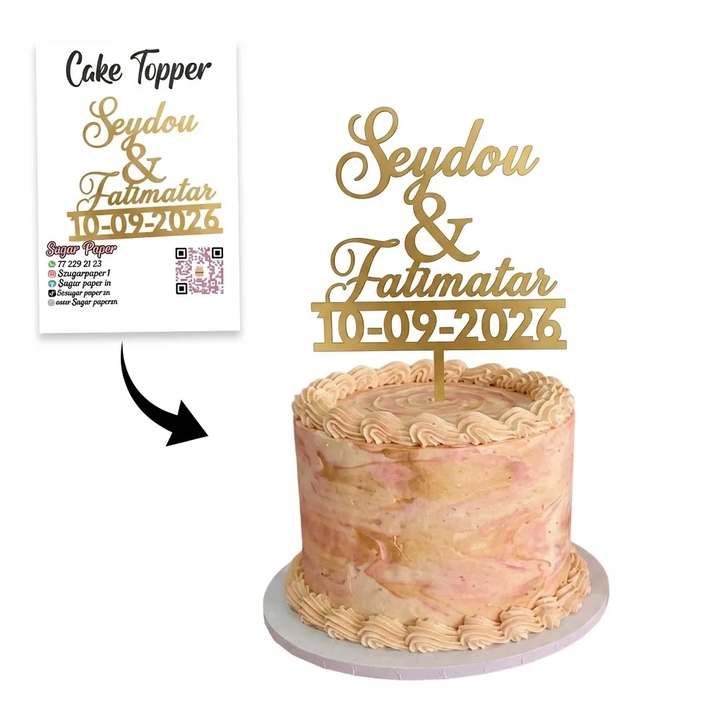 Cake Topper Mariage Doré Personnalisé – Prénoms des Mariés & Date de Célébration