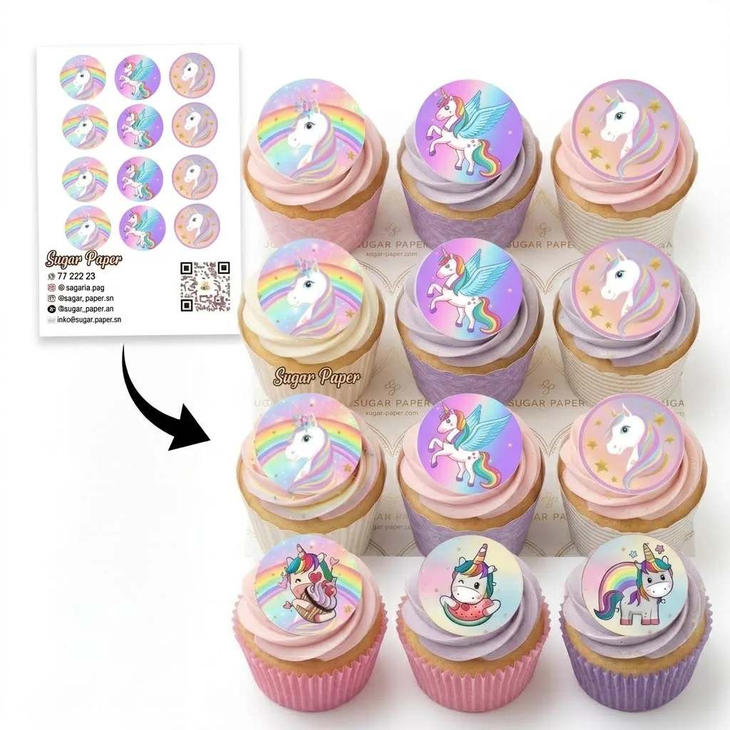 12 disques photo impression comestible Licorne Magique pour cupcakes & biscuits