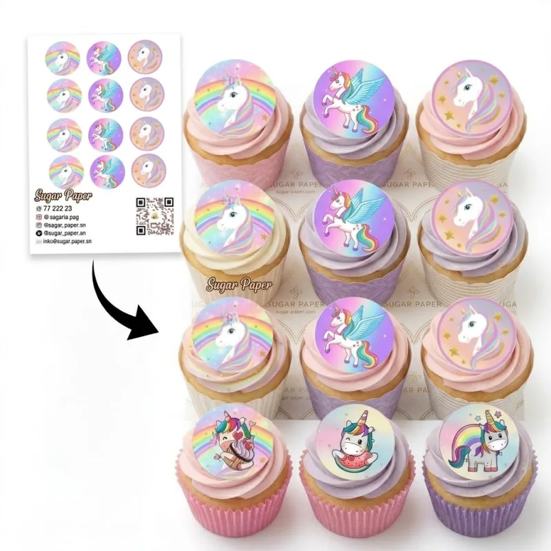 12 disques photo impression comestible Licorne Magique pour cupcakes & biscuits